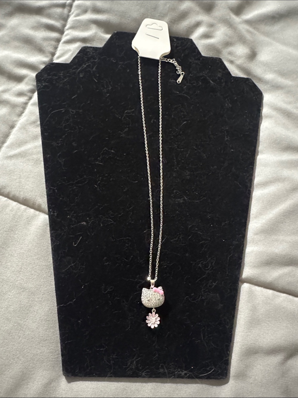 Hello Kitty Silver Tone Crystal Pendant Necklace with Pink Accents